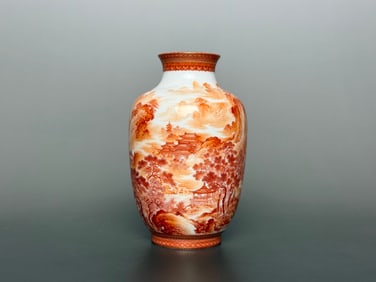 An Exquisite Iron-Red Painted Gold Landscape Pattern with poem Vase