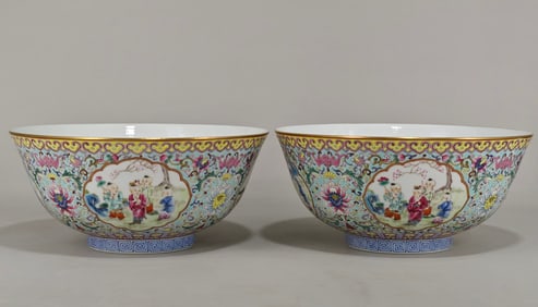 A Pair of Exquisite Famille-Rose Lotus Pattern Character and Story Pattern Bowl