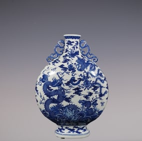 An Exquisite Blue and White Dragon and Phoenix Pattern Seawater Pattern Double-Ears Vase