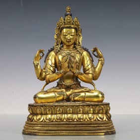 A Exquisite Gilt Bronze Four-arms Statue of Avalokitesvara