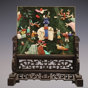 An Exquisite Zitanwood Inlaid Jasper Character and Story Pattern Eight Treasures Pattern Screen