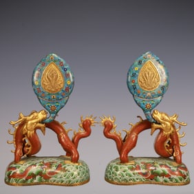 A Pair of Exquisite Cloisonne Lotus Pattern Seawater Pattern Dragon Pattern Ornament