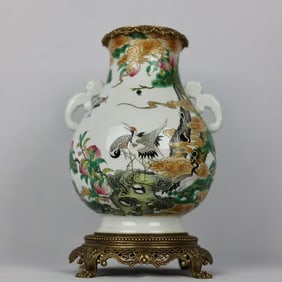 An Exquisite Enamel Inlaid Bronze Pine and Crane Pattern with poem Double-Ears Vase
