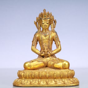 An Exquisite Gilt Bronze Inlaid Gems Statue of Amitayus