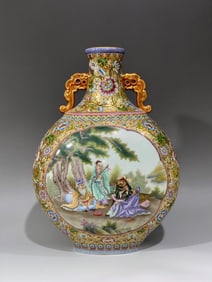 An Exquisite Iron-Red Painted Gold Lotus Pattern Character and Story Pattern Double-Ears Vase