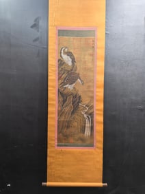 A Chinese Vertical Scroll Ink Painting of Flower and Bird on Silk