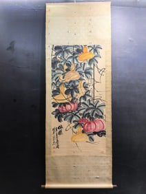 A Chinese Vertical Scroll Ink Painting of Flower and Fruit on Paper