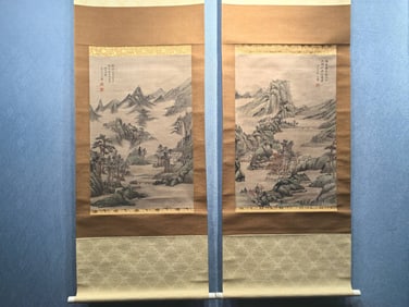 A Chinese Vertical Scroll Ink Painting of Landscape on Paper