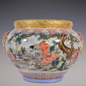 An Exquisite Enamel Painted Gold Rabbit Pattern Dragon Pattern Double-Ears Brush Washer