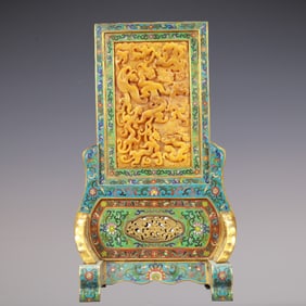 A Exquisite Cloisonne Lotus Pattern Landscape Pattern with poem Screen