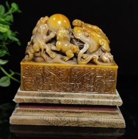 An Exquisite Shoushan Stone Dragon Pattern Seal Ornament