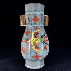 An Exquisite Guan yao Painted Color Dragon and Phoenix Pattern Double-Ears Vase