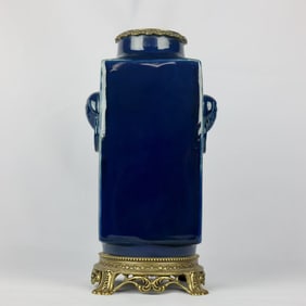 An Exquisite Ji Blue Glazed Inlaid Bronze Double-Ears Vase