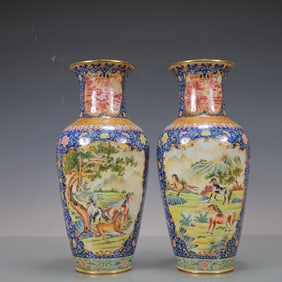 A Exquisite A pair of Coppery Enamel Lotus Pattern Landscape Pattern Horse Pattern Vase