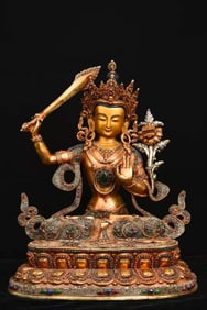 An Exquisite Silver Inlaid Gems Statue of Manjusri