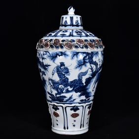 An Exquisite Blue and White Underglaze-Red Lotus Pattern Character and Story Pattern Vase