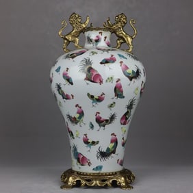 An Exquisite Famille-Rose Inlaid Bronze Rooster Pattern Double-Ears Vase