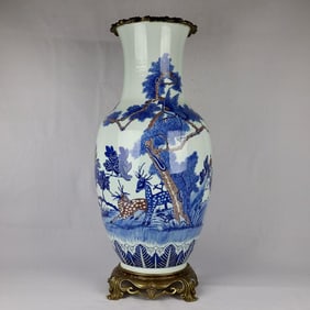 An Exquisite Blue and White Underglaze-Red Inlaid Bronze Pine and Crane Pattern Sika Deer Pattern