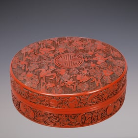 A Exquisite Carved Red Lacquer Flower and Fruit Pattern Bats and Peach Pattern Box