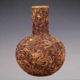 A Exquisite Carved Red Lacquer Seawater Pattern Dragon Pattern Vase