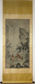 A Chinese Vertical Scroll Ink Painting of Landscape and Figure on Paper