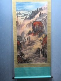 A Chinese Vertical Scroll Ink Painting of Landscape on Paper