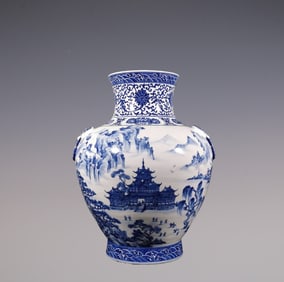 An Exquisite Blue and White Lotus Pattern Landscape and Figure Pattern Seawater Pattern Double-Ears