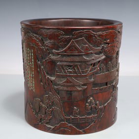 A Exquisite Zitanwood Landscape and Figure Pattern with poem Brush Pot