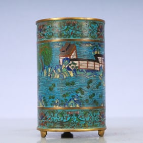 A Exquisite Cloisonne Lotus Pattern Landscape Pattern Tripod Brush Pot