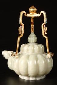 An Exquisite White Jade Inlaid Gilt Bronze Teapot