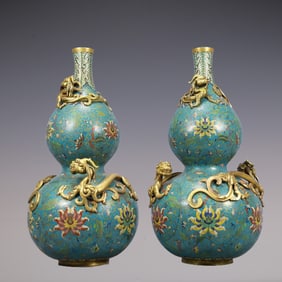 A Exquisite A pair of Cloisonne Dragon Pattern Lotus Pattern Gourd-Shaped Vase