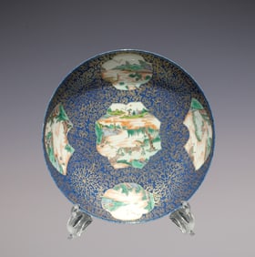 An Exquisite Wucai Landscape and Figure Pattern Lotus Pattern Plate