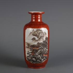 An Exquisite Ink Color Imitation Wood Grain Glazed Landscape Pattern Vase