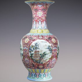 An Exquisite Ruby Red-Glazed Lotus Pattern Landscape Pattern Vase