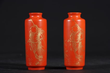 A Pair of Exquisite Coral Red Glazed Painted Gold Character and Story Pattern Snuff Bottle