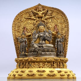 A Exquisite Gilt Bronze Inlaid Gems Statue of Avalokitesvara