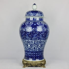 An Exquisite Blue and White Inlaid Bronze Lotus Pattern Jar