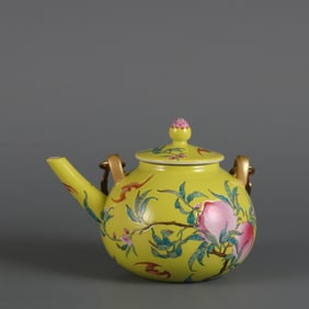 An Exquisite Famille-Rose Yellow Glazed Bats and Peach Pattern Teapot