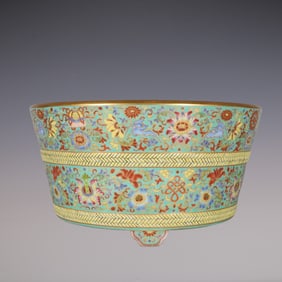 An Exquisite Enamel Painted Gold Green Ground Lotus Pattern Eight Treasures Pattern Brush Washer