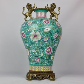 An Exquisite Famille-Rose Inlaid Bronze Lotus Pattern Double-Ears Vase