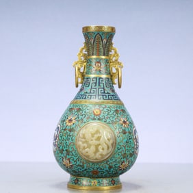A Exquisite Cloisonne Inlaid White Jade Lotus Pattern ???Dragon Pattern Double-Ears Vase