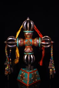 An Exquisite Iron Inlaid Gems Vajry Pestle