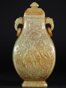 An Exquisite White Jade Character and Story Pattern Double-Ears Vase