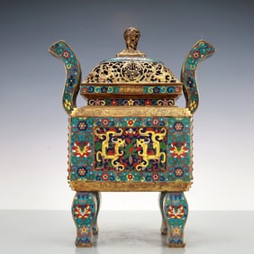 A Exquisite Cloisonne Gilt Bronze Lotus Pattern Dragon Pattern Double-Ears Censer