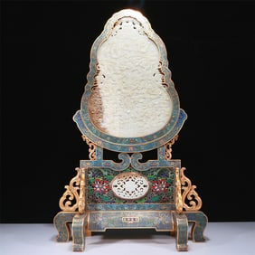 An Exquisite Imperial Cloisonne White Jade-Inlaid 'Dragon& Auspicious Cloud' Gourd-Form Table Screen