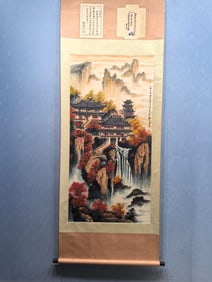 A Chinese Vertical Scroll Ink Painting of Landscape on Paper