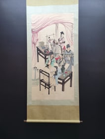 A Chinese Vertical Scroll Ink Painting of Character and Story on Paper