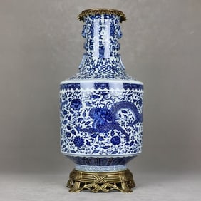 An Exquisite Blue and White Inlaid Bronze Lotus Pattern Dragon Pattern Double-Ears Vase