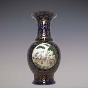 An Exquisite Ji Blue Glazed Painted Gold Lotus Pattern Character and Story Pattern Vase