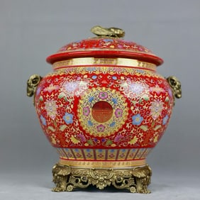 An Exquisite Enamel Inlaid Bronze Lotus Pattern Bats and Peach Pattern Double-Ears Jar